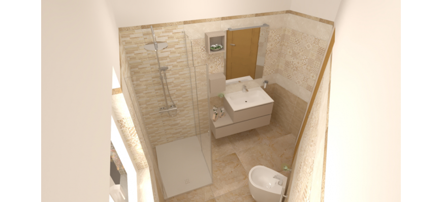 Bagno Padronale asimmetrico moderno piastrelle pavimento lucide